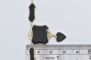 14K Ornate Black Onyx Drop Heart Mourning Necklace 18" Yellow Gold