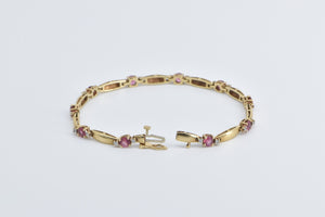 14K Pink Topaz Diamond Accent Vintage Bar Link Bracelet 7.5" Yellow Gold