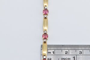 14K Pink Topaz Diamond Accent Vintage Bar Link Bracelet 7.5" Yellow Gold