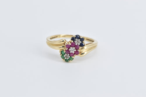 14K Vintage Diamond Sapphire Ruby Emerald Flower Ring Yellow Gold