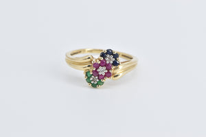 14K Vintage Diamond Sapphire Ruby Emerald Flower Ring Yellow Gold