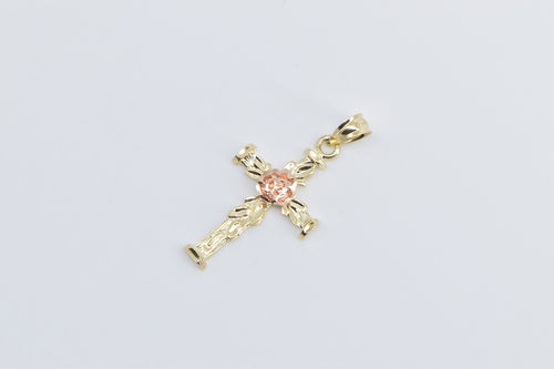 14K Black Hills Rose Two Tone Flower Cross Charm/Pendant Yellow Gold