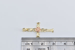 14K Black Hills Rose Two Tone Flower Cross Charm/Pendant Yellow Gold