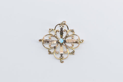 14K Vintage Opal Seed Pearl Scroll Statement Pendant/Pin Yellow Gold