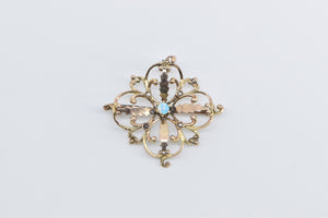 14K Vintage Opal Seed Pearl Scroll Statement Pendant/Pin Yellow Gold