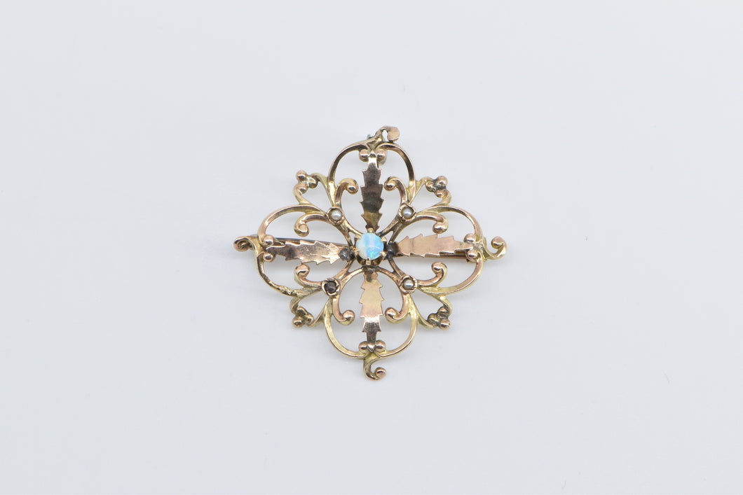 14K Vintage Opal Seed Pearl Scroll Statement Pendant/Pin Yellow Gold