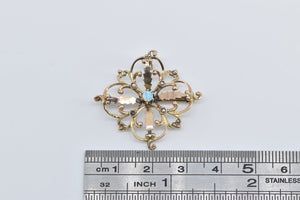 14K Vintage Opal Seed Pearl Scroll Statement Pendant/Pin Yellow Gold