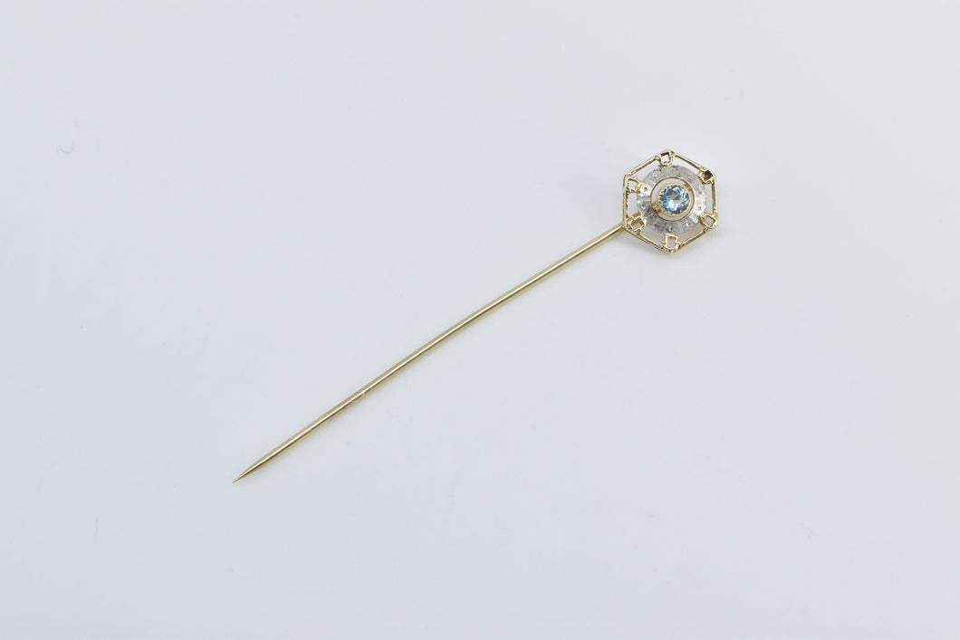 14K Art Deco Blue Topaz Two Tone Ornate Stick Pin Yellow Gold