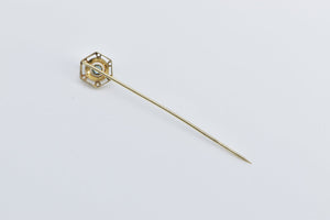 14K Art Deco Blue Topaz Two Tone Ornate Stick Pin Yellow Gold