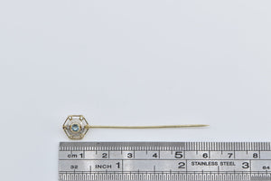 14K Art Deco Blue Topaz Two Tone Ornate Stick Pin Yellow Gold