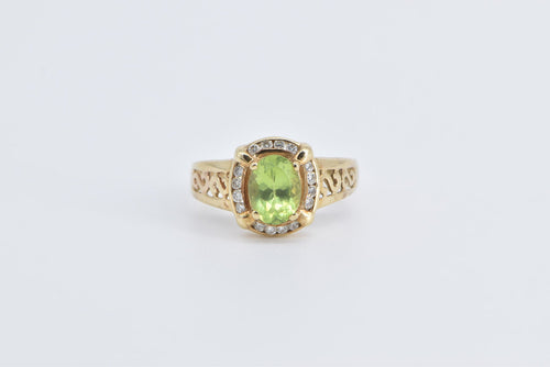 10K Oval Peridot Diamond Halo Scroll Filigree Ring Yellow Gold