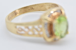 10K Oval Peridot Diamond Halo Scroll Filigree Ring Yellow Gold