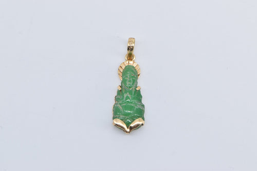 14K Ornate Carved Jade Chinese Buddha Pendant Yellow Gold