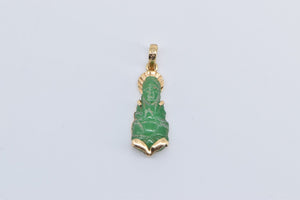 14K Ornate Carved Jade Chinese Buddha Pendant Yellow Gold