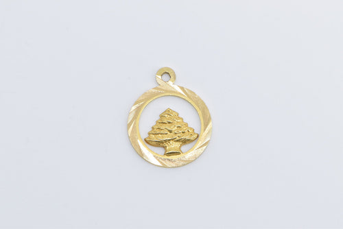 18K Tree of Life Vintage Round Diamond Cut Charm/Pendant Yellow Gold