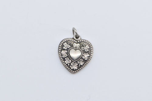 Sterling Silver Victorian Puffy Heart Shamrock Forget Me Not Charm/Pendant