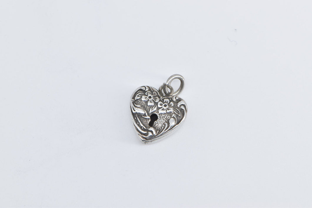 Sterling Silver Puffy Forget Me Not Heart Locket Love Charm/Pendant