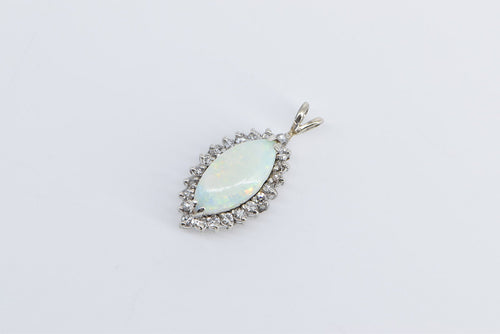 14K Vintage Natural Opal Marquise Diamond Halo Pendant White Gold