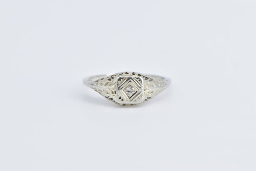 18K Art Deco Filigree Diamond Engagement Ring White Gold