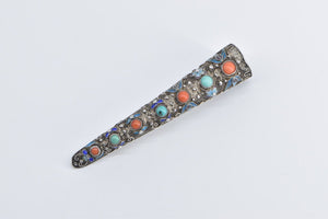 Sterling Silver Antique Chinese Finger Guard Coral Turquoise Pin/Brooch