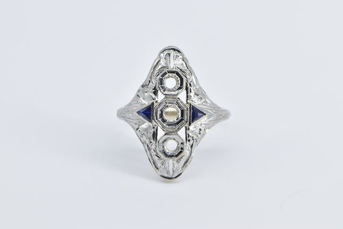 18K Art Deco Filigree Syn Sapphire Setting Ring White Gold