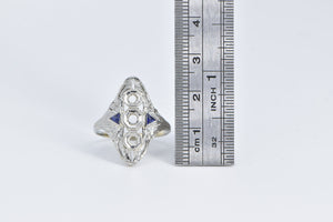 18K Art Deco Filigree Syn Sapphire Setting Ring White Gold