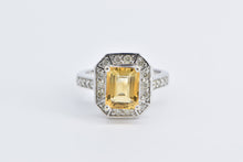 Load image into Gallery viewer, 14K Emerald Cut Citrine Diamond Halo Statement Ring White Gold