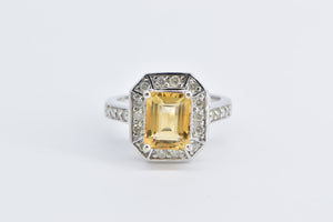 14K Emerald Cut Citrine Diamond Halo Statement Ring White Gold