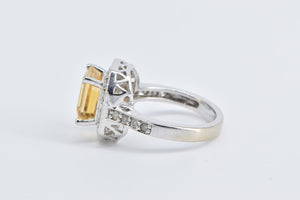 14K Emerald Cut Citrine Diamond Halo Statement Ring White Gold