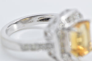 14K Emerald Cut Citrine Diamond Halo Statement Ring White Gold