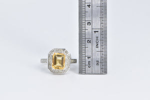 14K Emerald Cut Citrine Diamond Halo Statement Ring White Gold