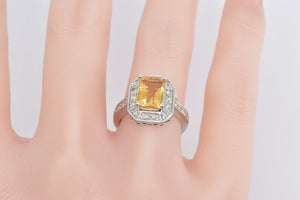 14K Emerald Cut Citrine Diamond Halo Statement Ring White Gold