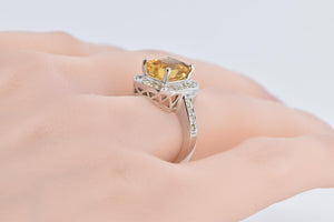 14K Emerald Cut Citrine Diamond Halo Statement Ring White Gold