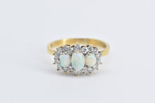 Load image into Gallery viewer, 18K Three Stone Opal Diamond Halo Statement Ring Yellow Gold