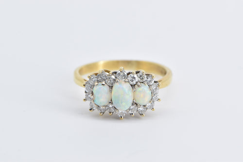 18K Three Stone Opal Diamond Halo Statement Ring Yellow Gold