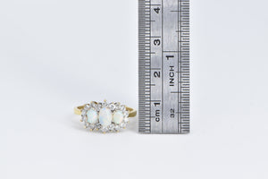 18K Three Stone Opal Diamond Halo Statement Ring Yellow Gold