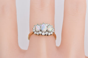 18K Three Stone Opal Diamond Halo Statement Ring Yellow Gold