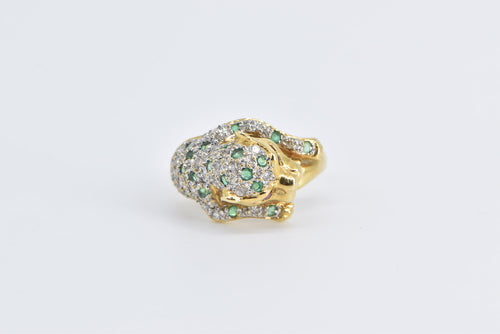 18K Pave Diamond Emerald Encrusted Leopard Ring Yellow Gold