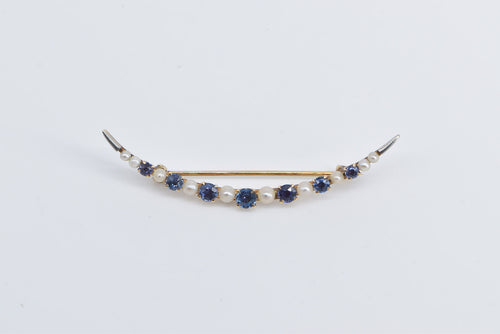 14K Victorian Crescent Moon Seed Pearl Syn. Sapphire Pin/Brooch Yellow Gold