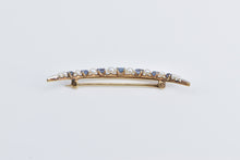 Load image into Gallery viewer, 14K Victorian Crescent Moon Seed Pearl Syn. Sapphire Pin/Brooch Yellow Gold