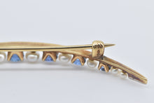 Load image into Gallery viewer, 14K Victorian Crescent Moon Seed Pearl Syn. Sapphire Pin/Brooch Yellow Gold