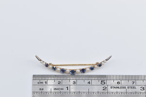 14K Victorian Crescent Moon Seed Pearl Syn. Sapphire Pin/Brooch Yellow Gold