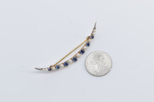 14K Victorian Crescent Moon Seed Pearl Syn. Sapphire Pin/Brooch Yellow Gold