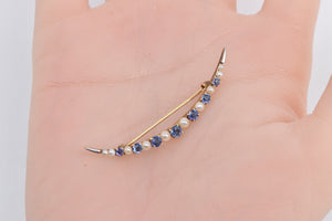 14K Victorian Crescent Moon Seed Pearl Syn. Sapphire Pin/Brooch Yellow Gold