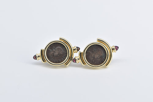 14K Ancient Roman Coin Garnet French Clip Earrings Yellow Gold