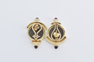 14K Ancient Roman Coin Garnet French Clip Earrings Yellow Gold