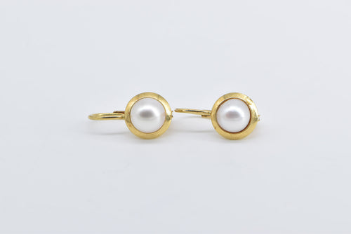 18K Pearl Vintage Classic Round Dangle Fashion Earrings Yellow Gold