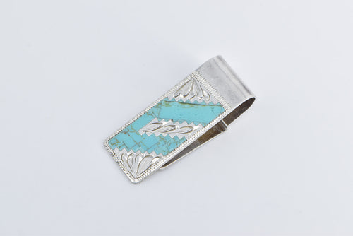 Sterling Silver Southwestern Turquoise Inlay Engraved Money Clip