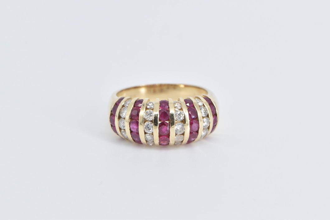 14K Diamond Ruby Vintage Striped Statement Band Ring Yellow Gold