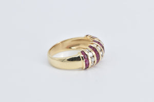 14K Diamond Ruby Vintage Striped Statement Band Ring Yellow Gold